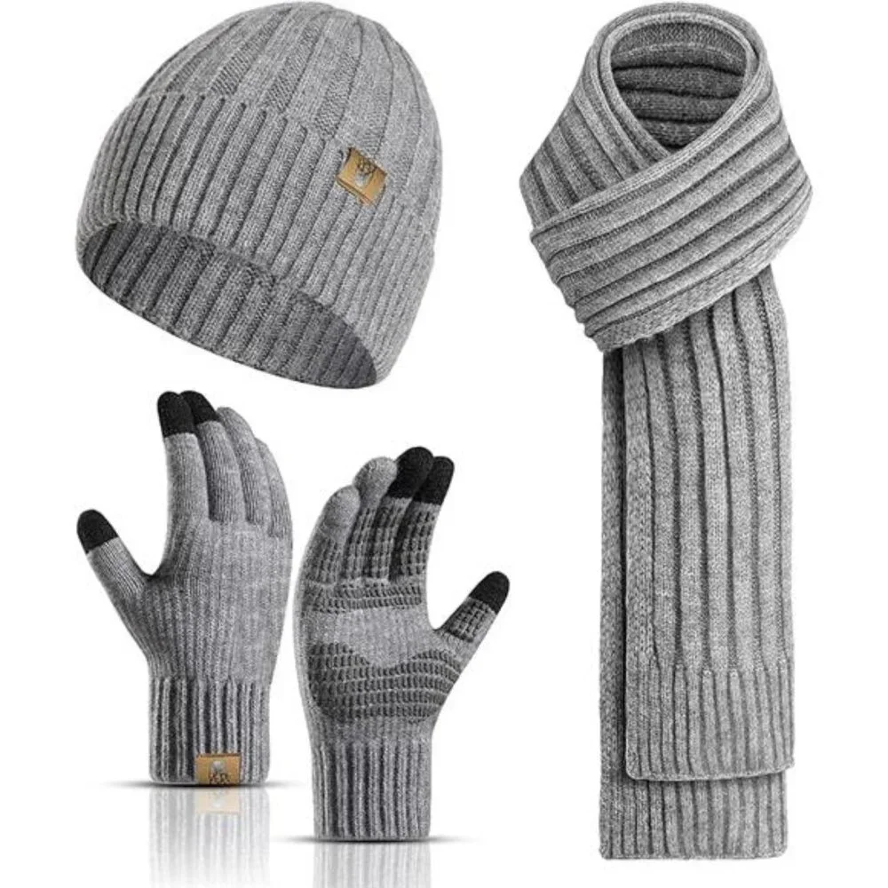 3pcs/Set Winter Beanie Hats Touchscreen Gloves Neck Warmer Scarf Set for Men - Picture 7 of 7